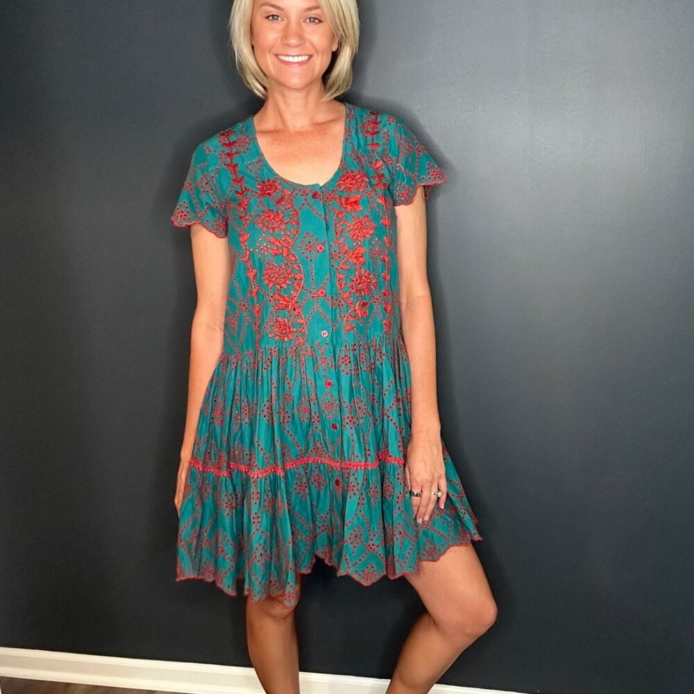 New With Tags ModaPosa Simonetta Fall Hand-Embroidered Cotton Dress Size Large